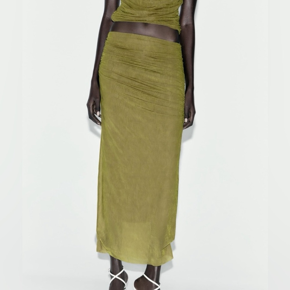 NWT Zara Two Piece Chartreuse High Neck Tank and Midi Skirt - Picture 2 of 13